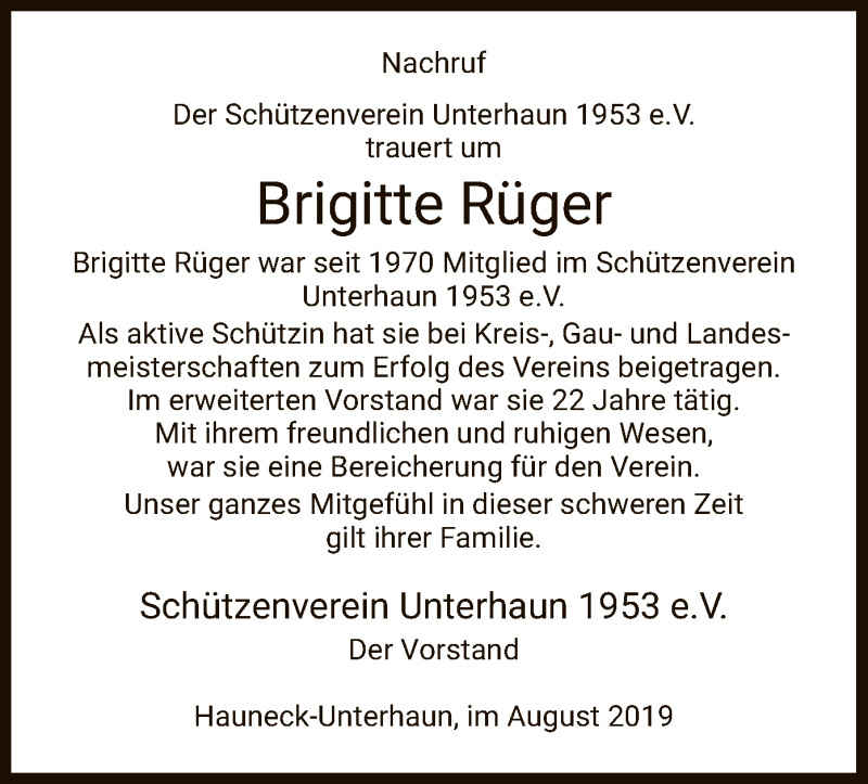  Traueranzeige für Brigitte Rüger vom 21.08.2019 aus Hersfeld