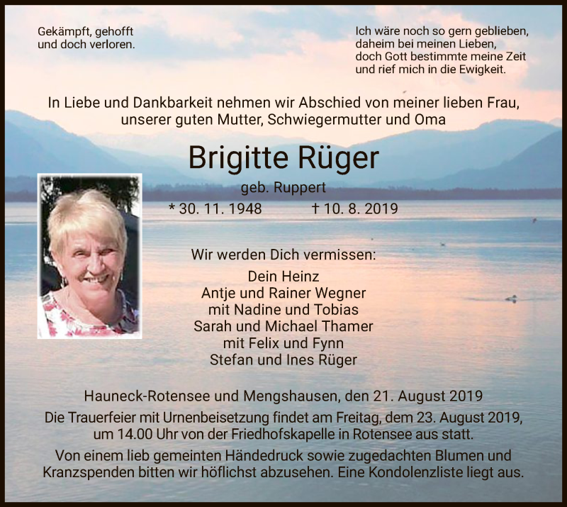  Traueranzeige für Brigitte Rüger vom 21.08.2019 aus Hersfeld