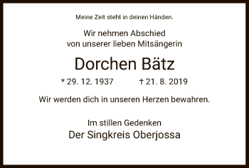 Traueranzeige von Dorchen Bätz von Hersfeld