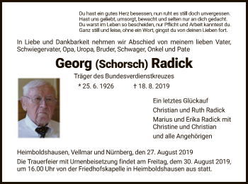 Traueranzeige von Georg Radick von Hersfeld