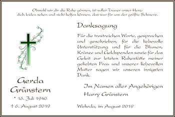 Traueranzeige von Gerda Grünstern von Hersfeld