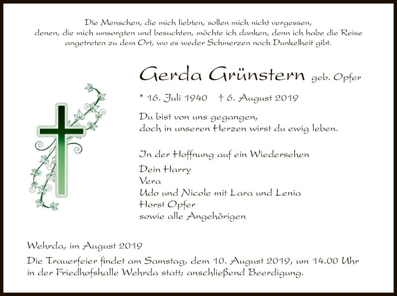  Traueranzeige für Gerda Grünstern vom 08.08.2019 aus Hersfeld