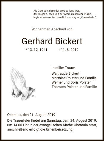 Traueranzeige von Gerhard Bickert von Hersfeld