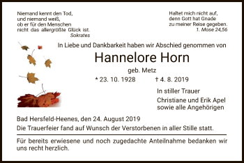 Traueranzeige von Hannelore Horn von Hersfeld