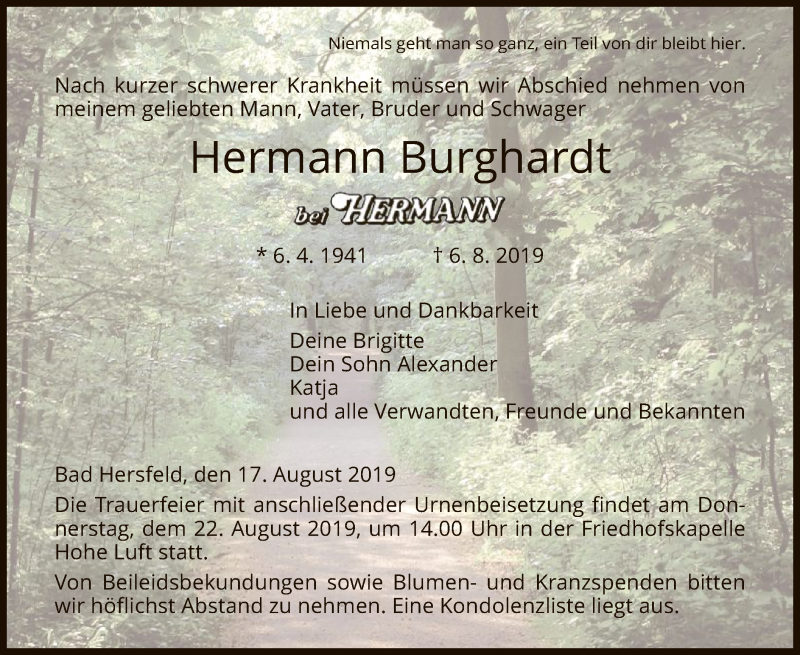  Traueranzeige für Hermann Burghardt vom 17.08.2019 aus Hersfeld