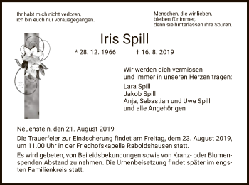 Traueranzeige von Iris Spill von Hersfeld