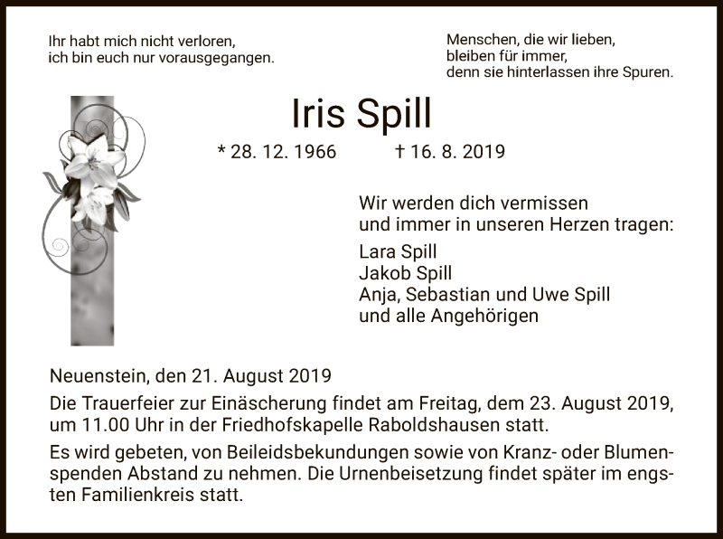  Traueranzeige für Iris Spill vom 21.08.2019 aus Hersfeld