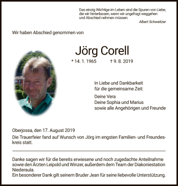 Traueranzeige von Jörg Corell von Hersfeld