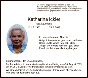 Traueranzeige von Katharina Ickler von Hersfeld