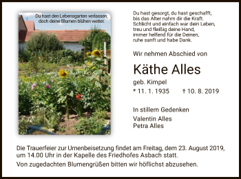 Traueranzeige von Käthe Alles von Hersfeld