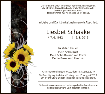 Traueranzeige von Liesbet Schaake von Hersfeld