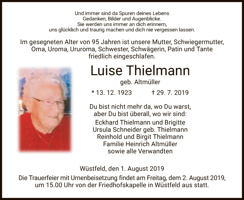  Traueranzeige für Luise Thielmann vom 01.08.2019 aus Hersfeld