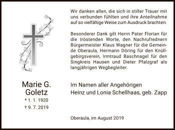 Traueranzeige von Marie G. Goletz von Hersfeld