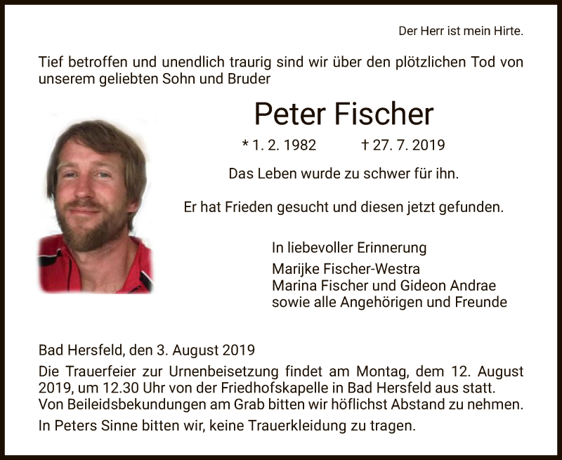  Traueranzeige für Peter Fischer vom 03.08.2019 aus Hersfeld