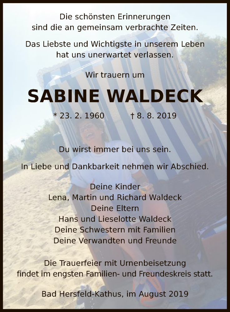  Traueranzeige für Sabine Waldeck vom 14.08.2019 aus Hersfeld