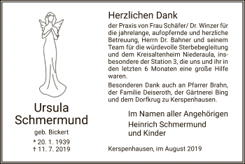 Traueranzeige von Ursula Schmermund von Hersfeld