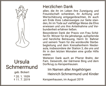 Traueranzeige von Ursula Schmermund von Hersfeld