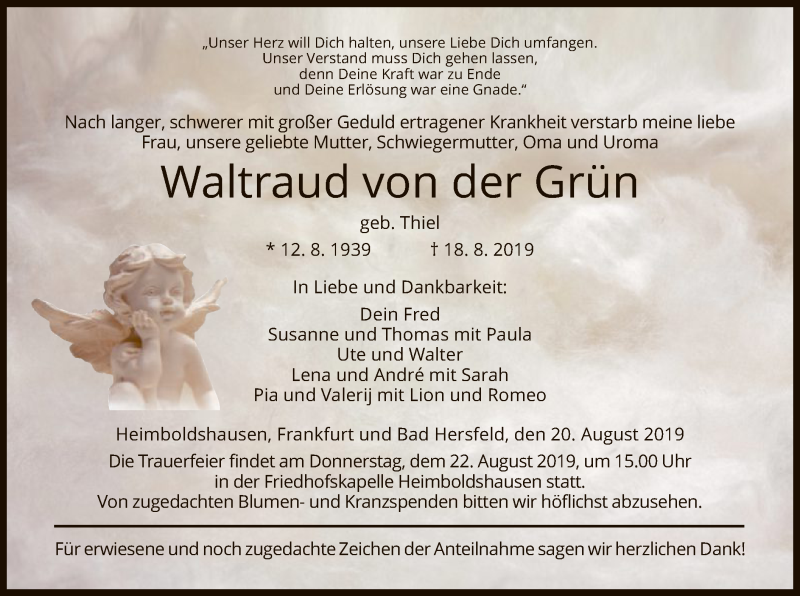  Traueranzeige für Waltraud von der Grün vom 20.08.2019 aus Hersfeld