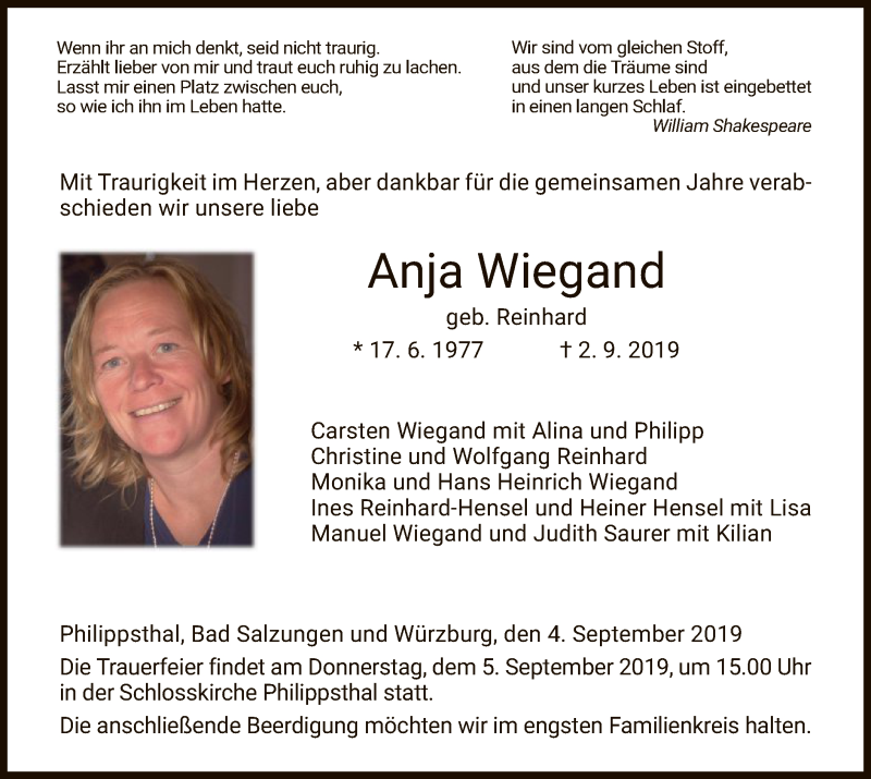  Traueranzeige für Anja Wiegand vom 04.09.2019 aus Hersfeld
