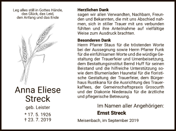 Traueranzeige von Anna Eliese Streck von Hersfeld