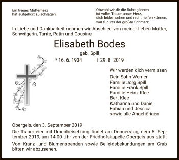 Traueranzeige von Elisabeth Bodes von Hersfeld