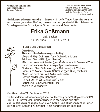 Traueranzeige von Erika Goßmann von Hersfeld