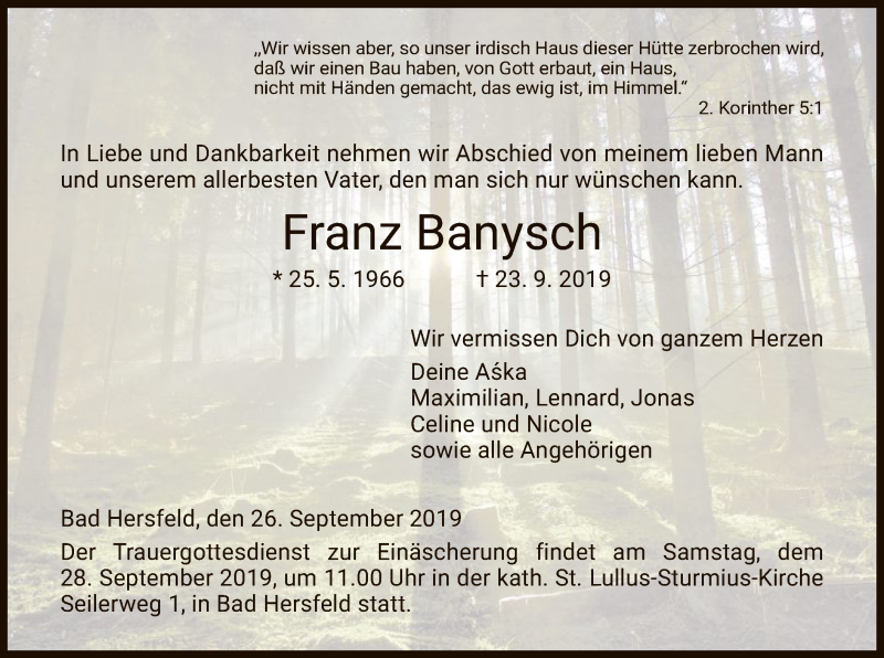  Traueranzeige für Franz Banysch vom 26.09.2019 aus Hersfeld