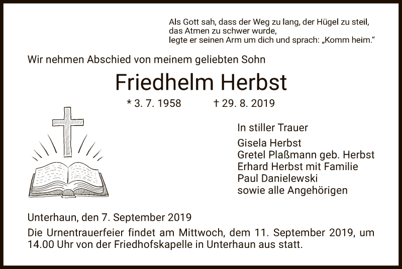  Traueranzeige für Friedhelm Herbst vom 07.09.2019 aus Hersfeld