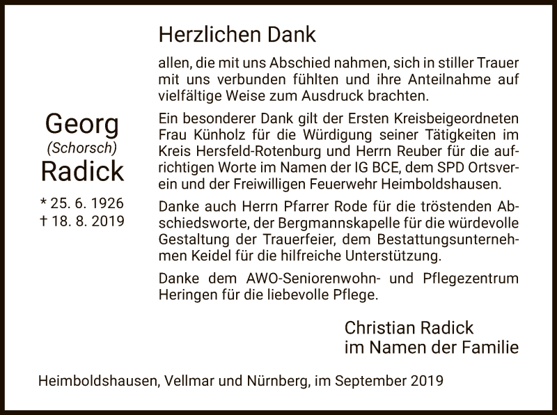  Traueranzeige für Georg Radick vom 20.09.2019 aus Hersfeld