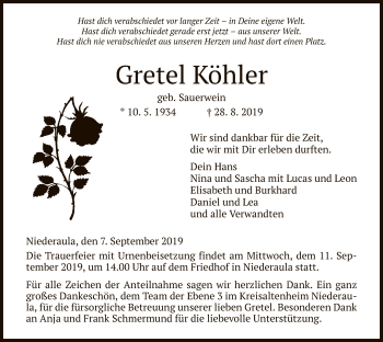 Traueranzeige von Gretel Köhler von Hersfeld