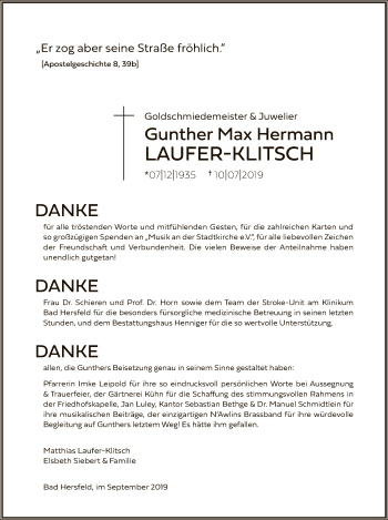 Traueranzeige von Gunther Laufer-Klitsch von Hersfeld