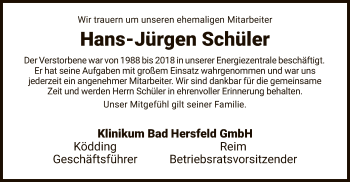 Traueranzeige von Hans-Jürgen Schüler von Hersfeld