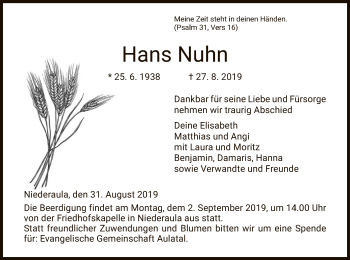 Traueranzeige von Hans Nuhn von Hersfeld