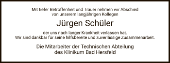 Traueranzeige von Jürgen Schüler von Hersfeld