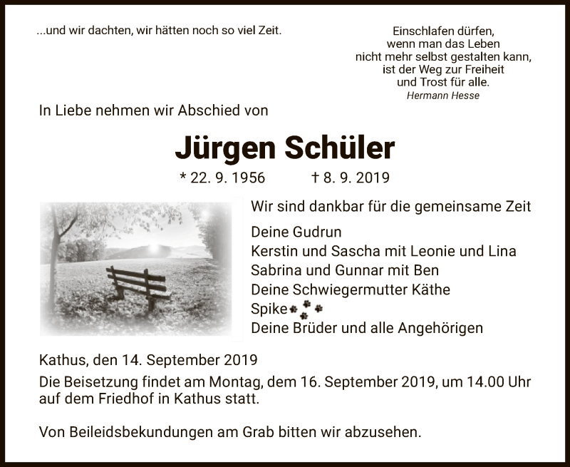  Traueranzeige für Jürgen Schüler vom 14.09.2019 aus Hersfeld