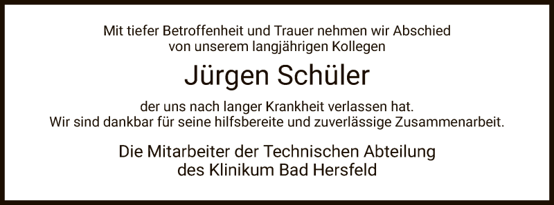  Traueranzeige für Jürgen Schüler vom 14.09.2019 aus Hersfeld