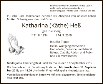 Traueranzeige von Katharina Heß von Hersfeld