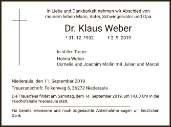 Traueranzeige von Klaus Weber von Hersfeld