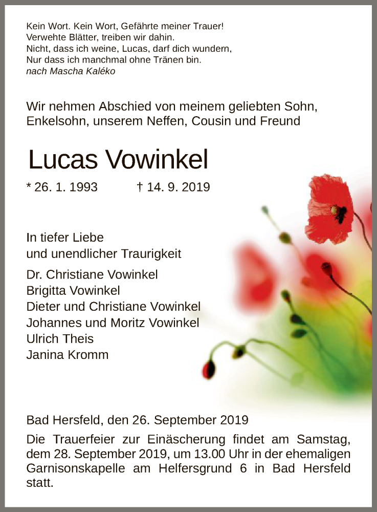  Traueranzeige für Lucas Vowinkel vom 26.09.2019 aus Hersfeld