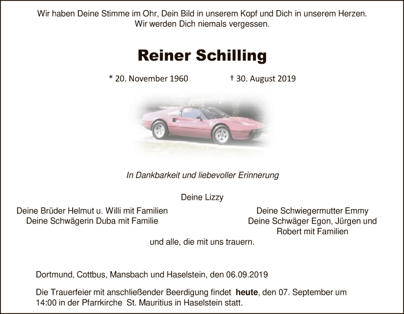 Traueranzeige für Reiner Schilling vom 07.09.2019 aus Hersfeld