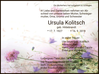 Traueranzeige von Ursula Kolitsch von Hersfeld