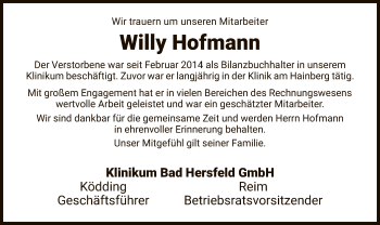 Traueranzeige von Willy Hofmann von Hersfeld