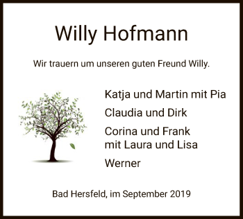 Traueranzeige von Willy Hofmann von Hersfeld