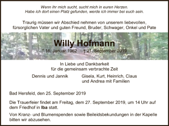 Traueranzeige von Willy Hofmann von Hersfeld