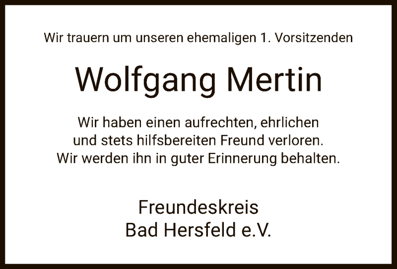  Traueranzeige für Wolfgang Mertin vom 31.08.2019 aus Hersfeld