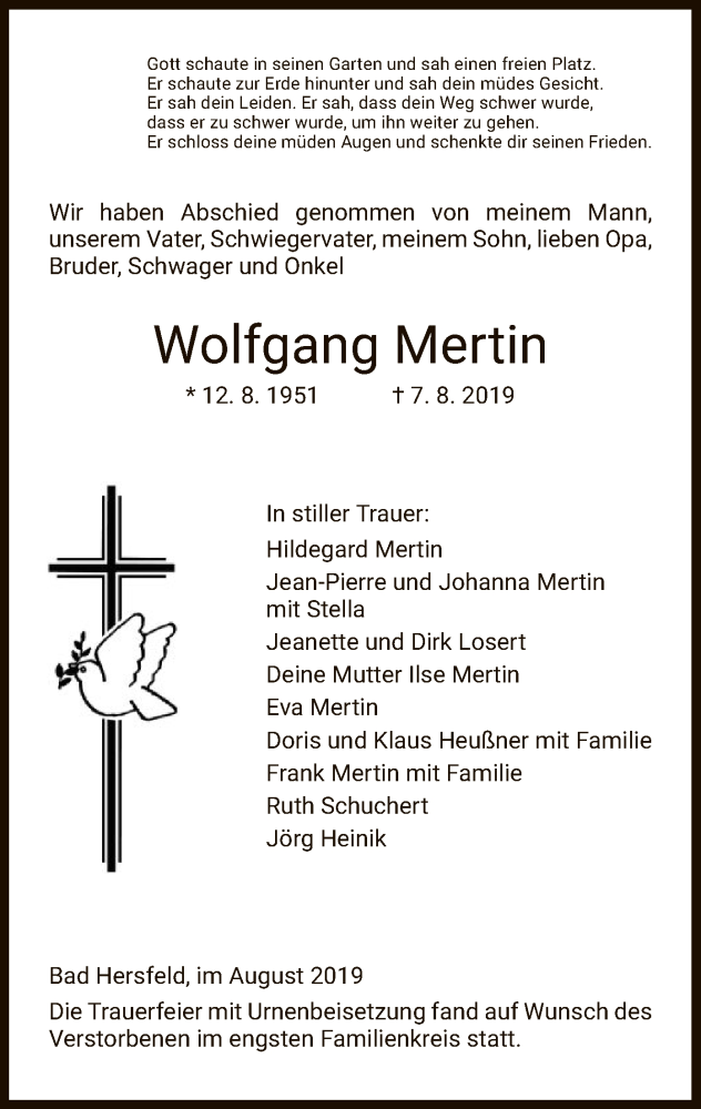  Traueranzeige für Wolfgang Mertin vom 31.08.2019 aus Hersfeld