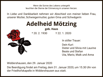 Traueranzeige von Adelheid Mötzing von Hersfeld