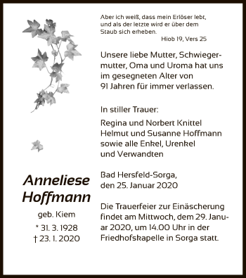 Traueranzeige von Anneliese Hoffmann von Hersfeld