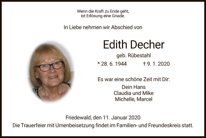  Traueranzeige für Edith Decher vom 11.01.2020 aus Hersfeld