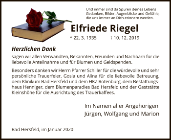 Traueranzeige von Elfriede Riegel von Hersfeld